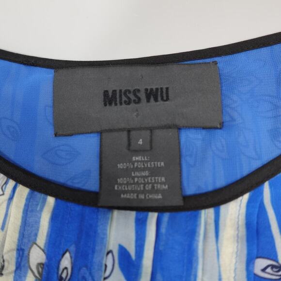 Miss Wu Sheer Dress Womens 4 Blue Floral Pleated Wedding Party Flowy Fairy - Picture 3 of 16